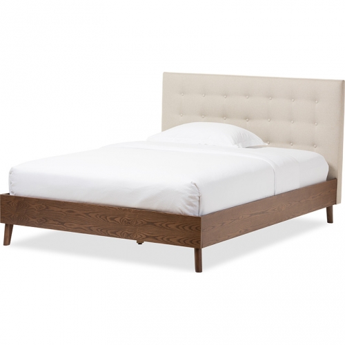 Alinia Queen Platform Bed in Tufted Light Beige Fabric & Walnut Finish